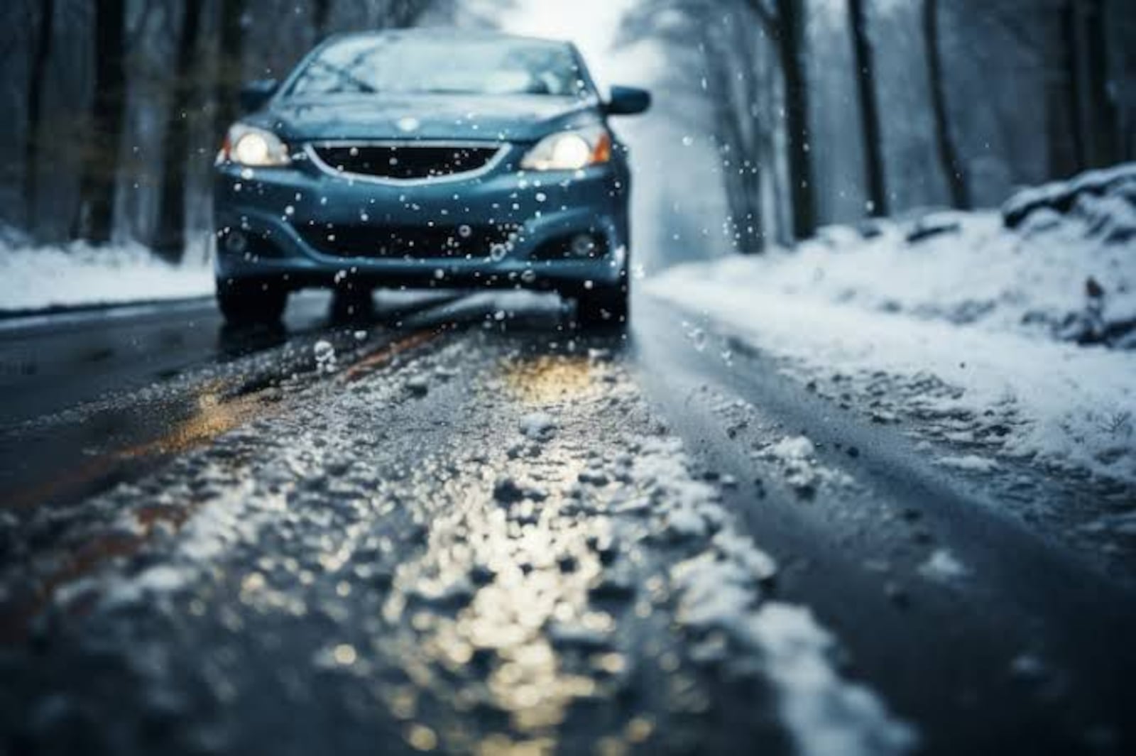 Imagens de carro na pista no frio e chuva
