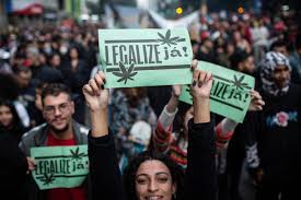 Pessoas com placas pedindo a legalização da maconha