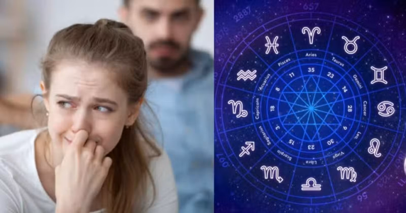 Montagem com ilustrações dos doze signos do zodíaco sobre um fundo estrelado.
